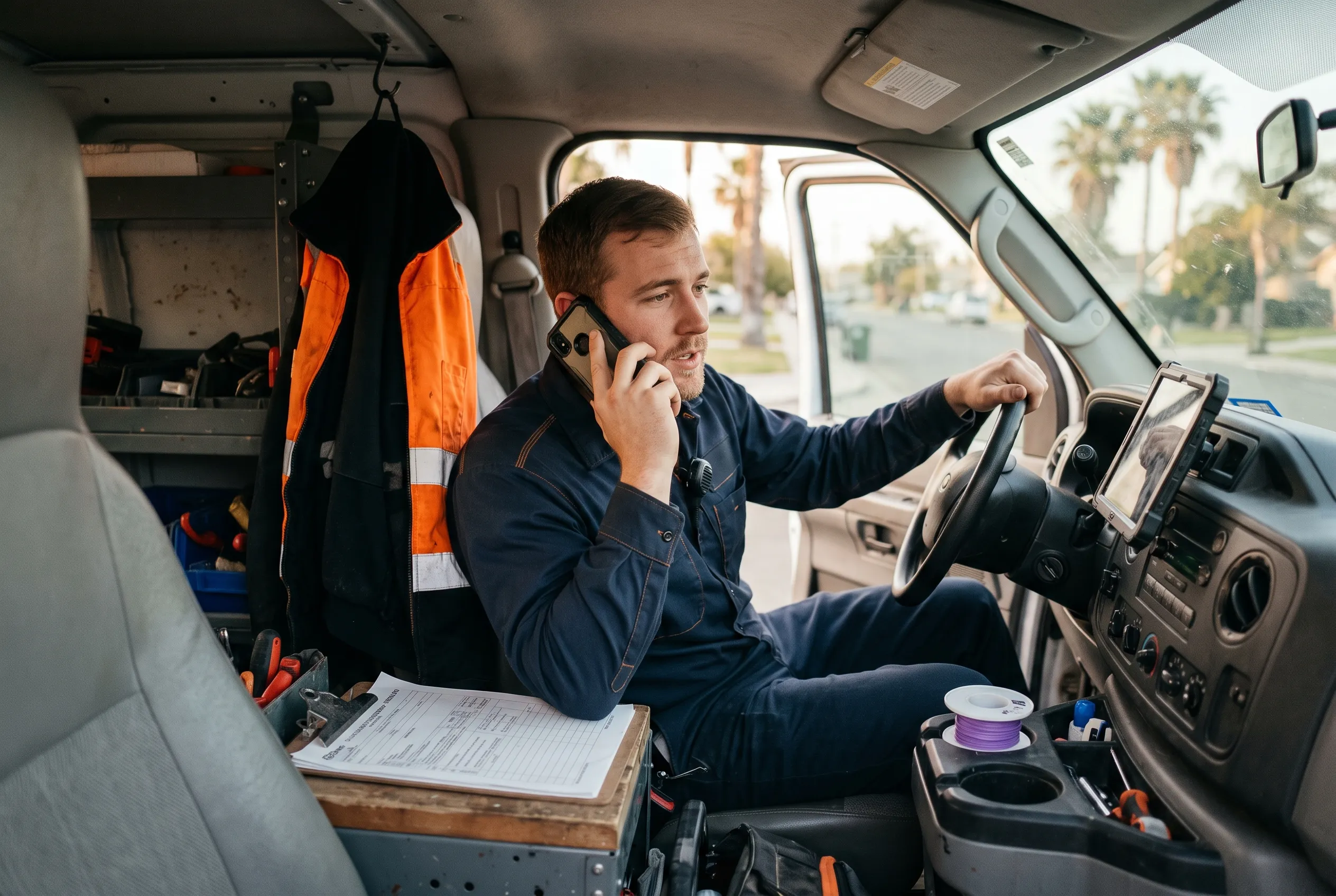 Emergency plumber taking an after-hours call from a Tulare homeowner