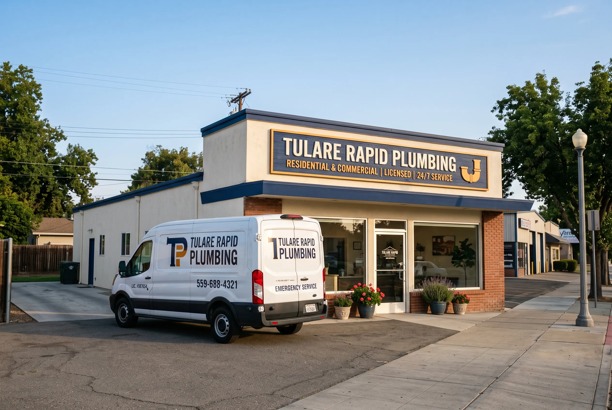 Tulare Rapid Plumbing shop exterior with service truck parked out front