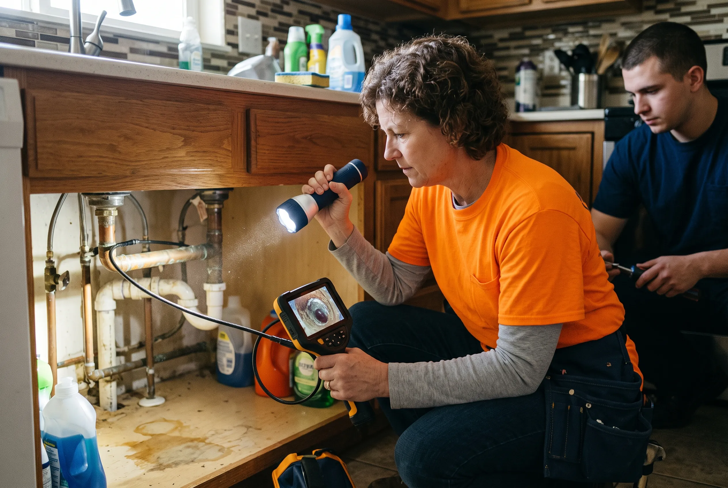 Plumber diagnosing a water heater problem at a Tulare home