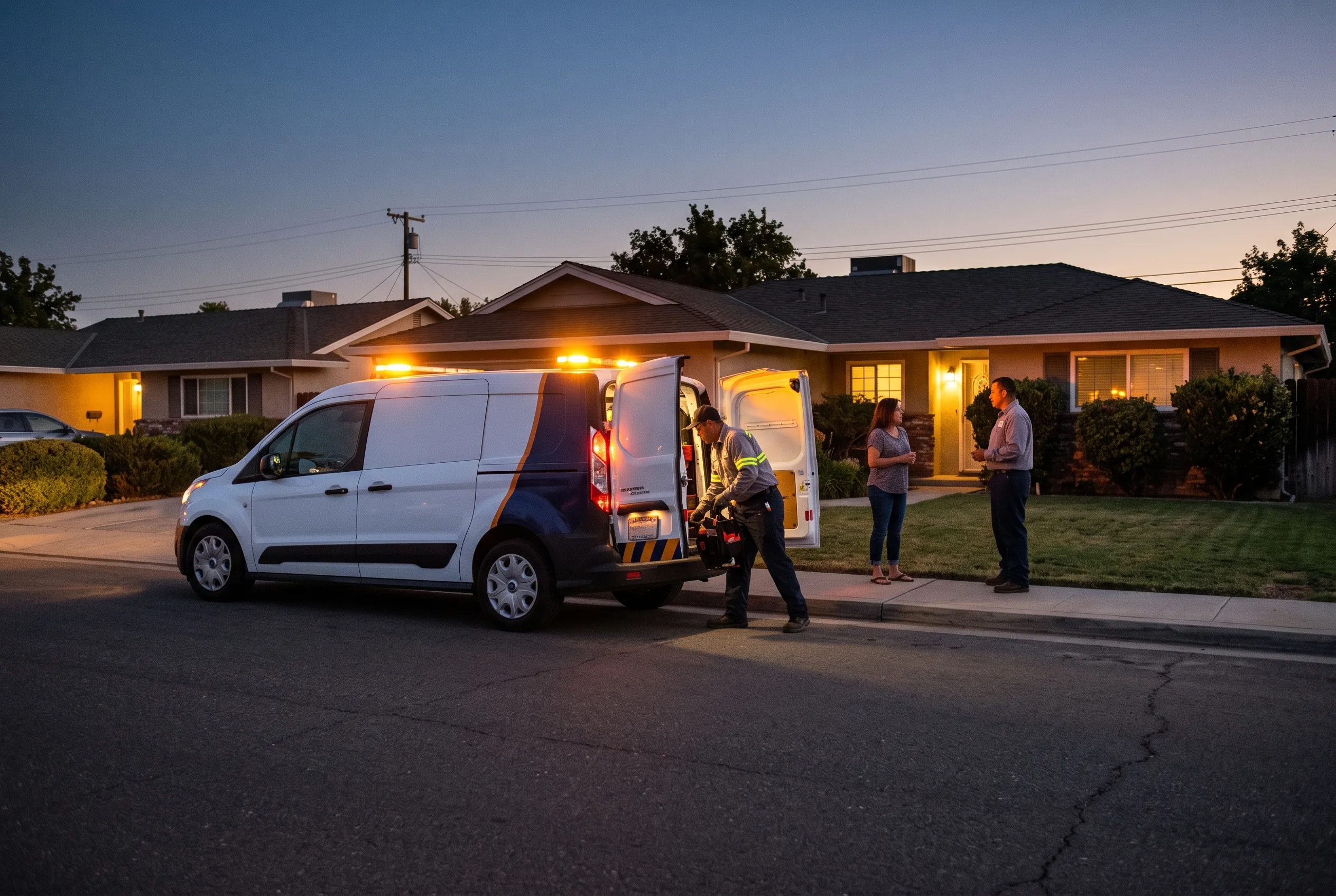 Emergency plumbing response — service van with hazard lights at a Tulare home at dusk