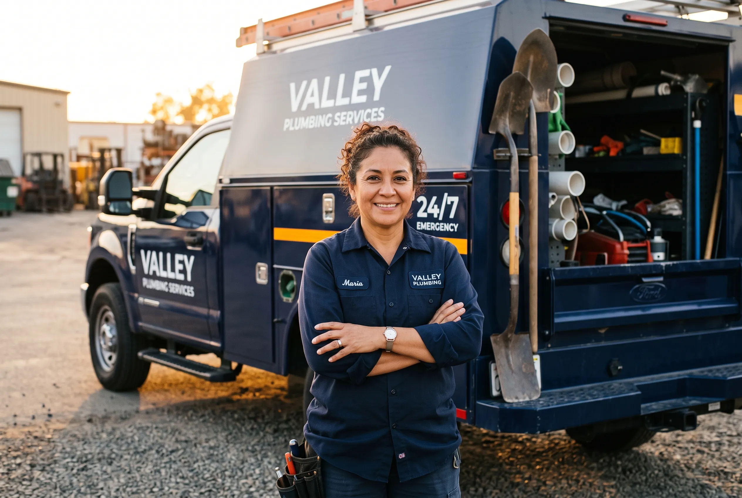 Local Tulare plumbing business owner standing by service truck