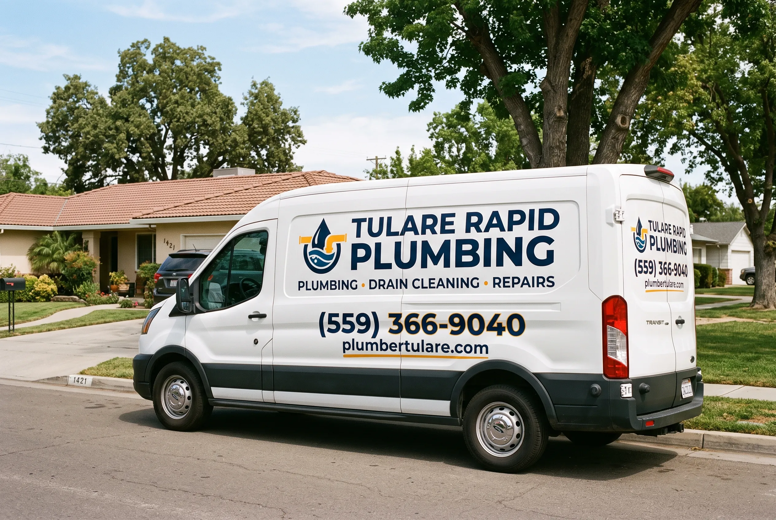 Tulare Rapid Plumbing service van with phone number, parked on a residential Tulare street